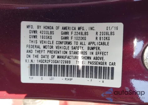 2016 Honda Accord Lx из США, поврежденный, VIN 1HGCR2F35GA122889